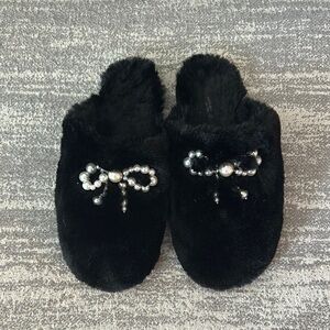 Kate Spade Black Furry Slippers with Pearl Bow